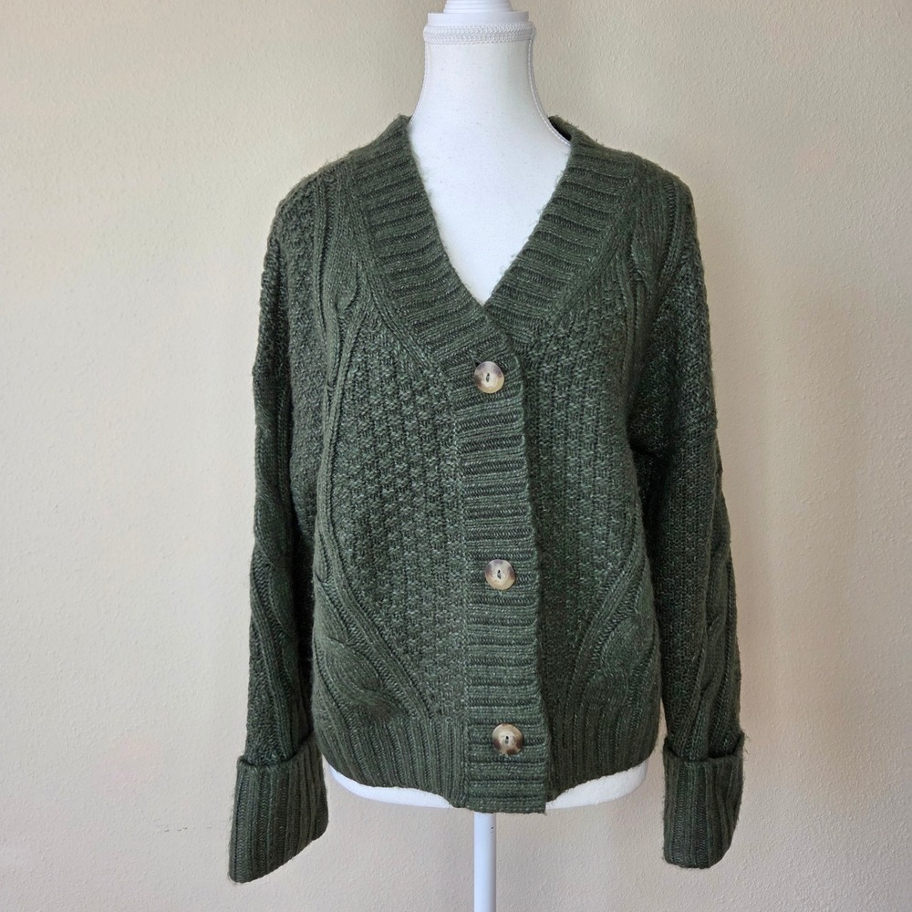Abercrombie & Fitch Olive Green Cable Knit Cardigan Sweater Wool Blend Small NWT